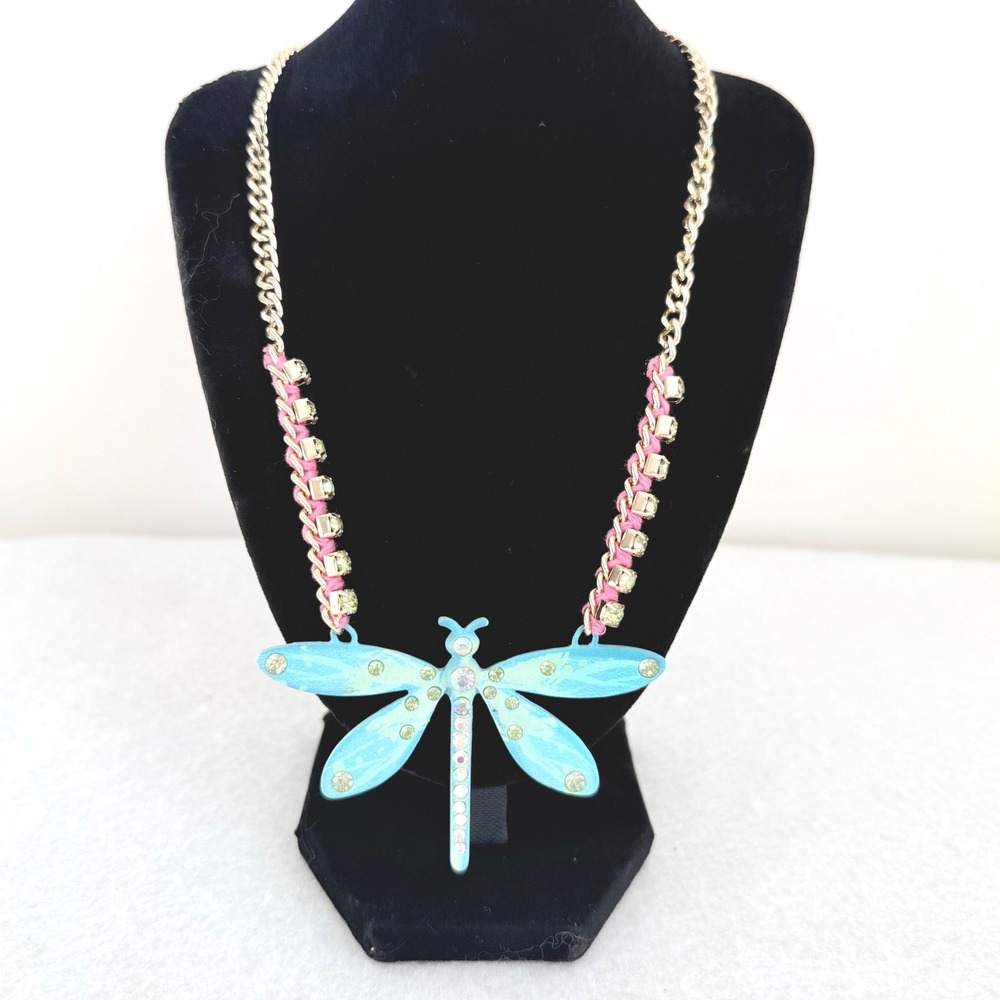 Vintage Betsey Johnson Dragonfly Necklace Women Blue Pink Gold Enamel Rhinestone